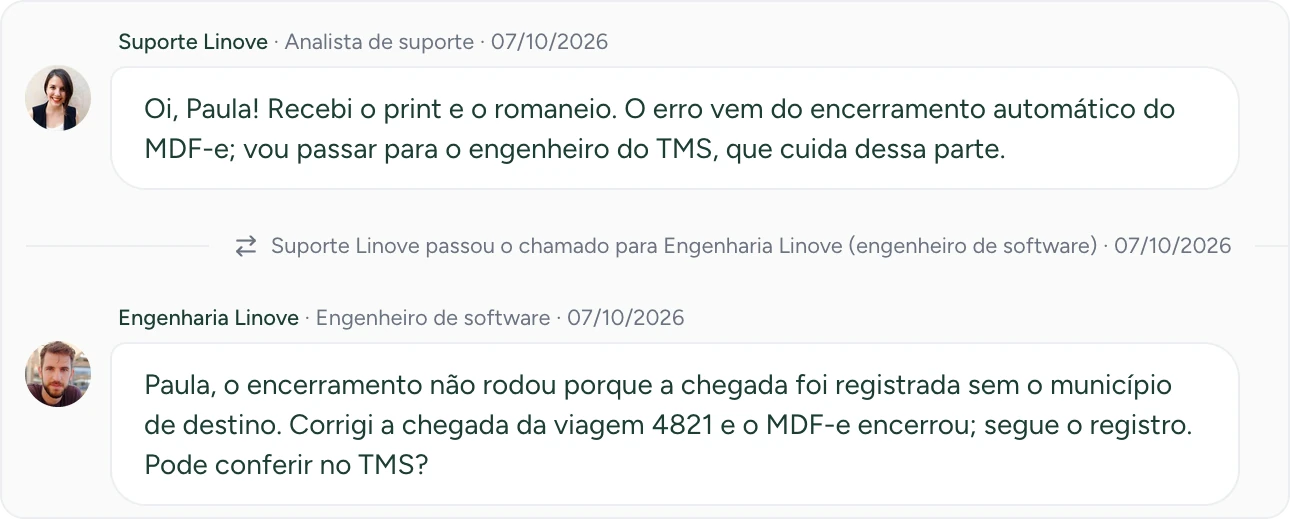 Conversa de um chamado: o suporte passa o caso para o engenheiro do sistema, que responde com a correção.